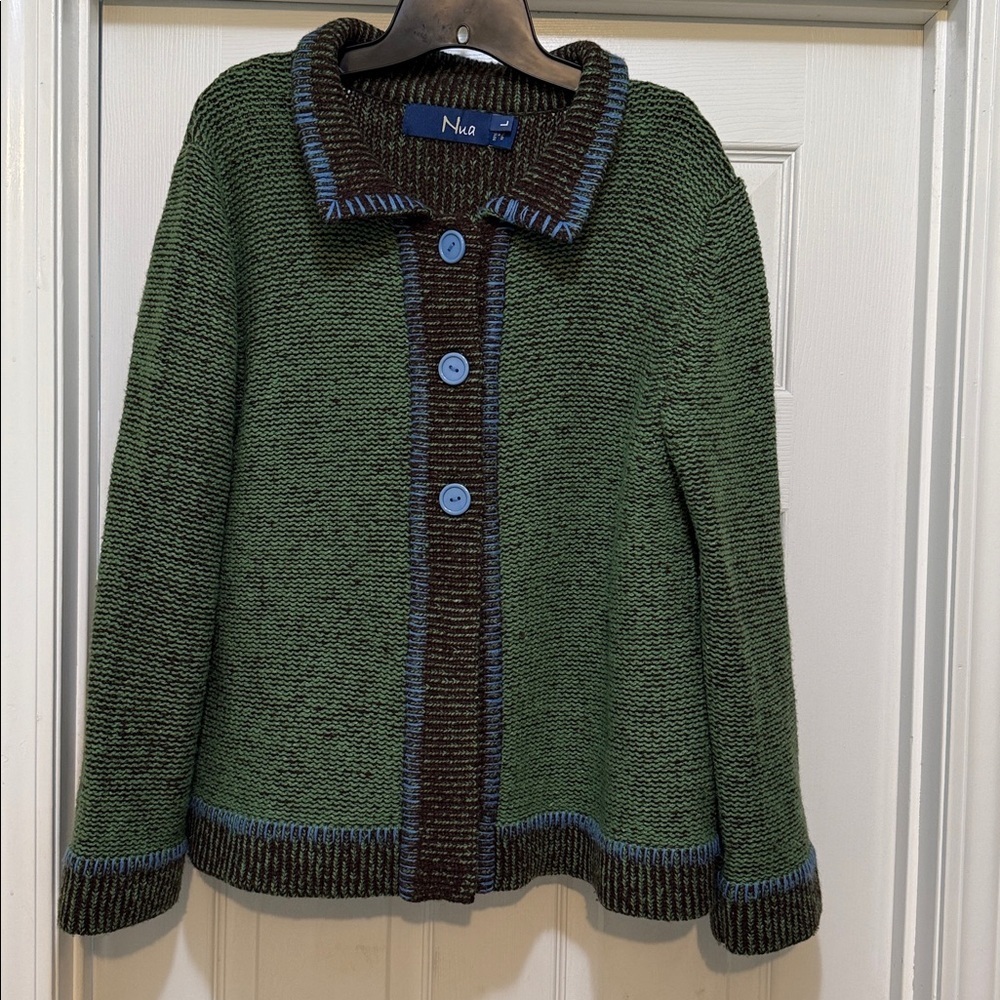 Nua Merino Wool Silk Knit Jacket Cardigan Green Brown L